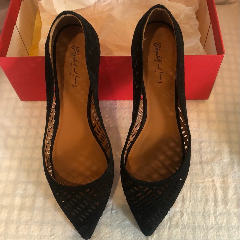 Elizabeth and James Black Suede Cutout Design flats.